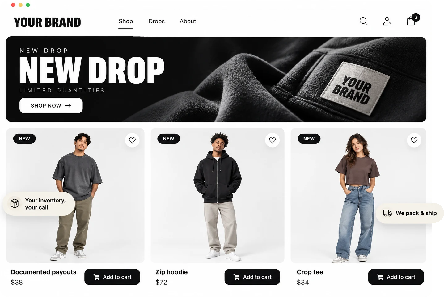 A sample brand online store with a New Drop banner and three products
