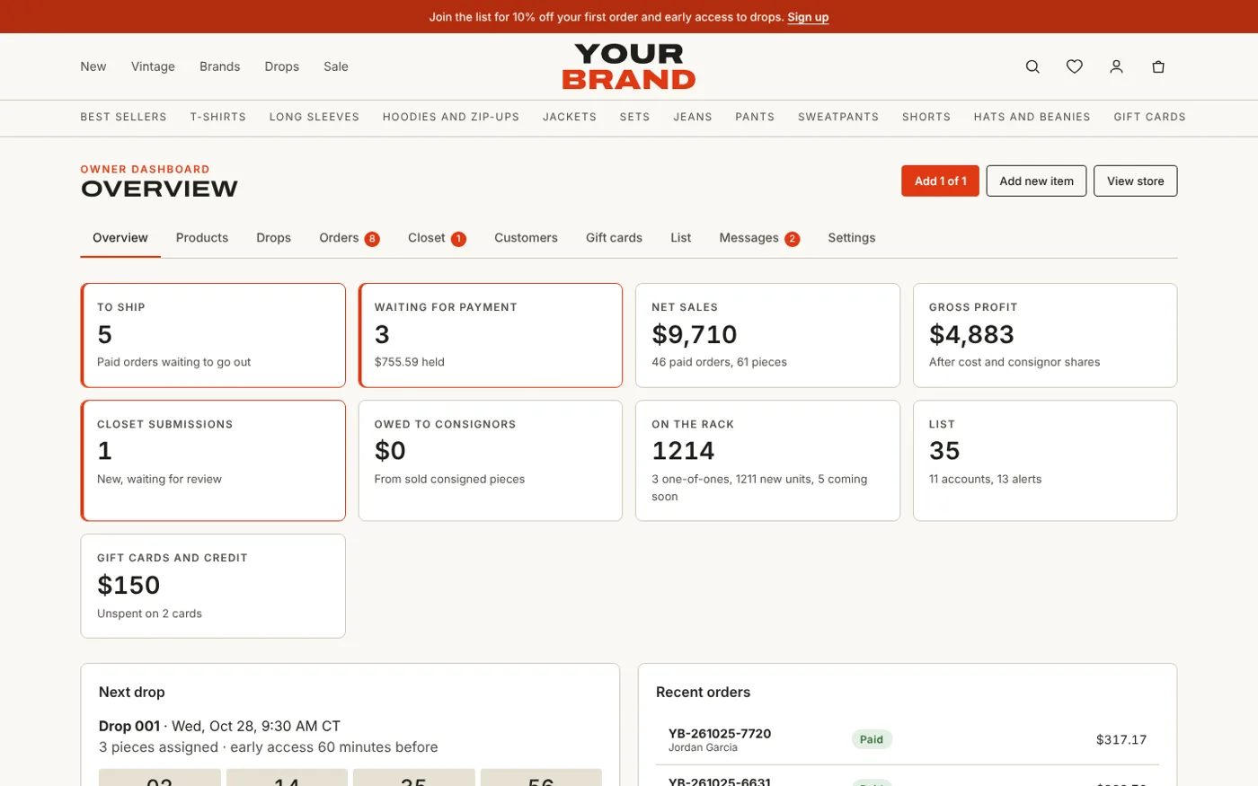 The owner dashboard showing orders to ship, net sales, and gross profit