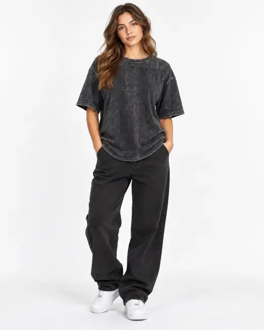 Washed black tee with black wide leg pants