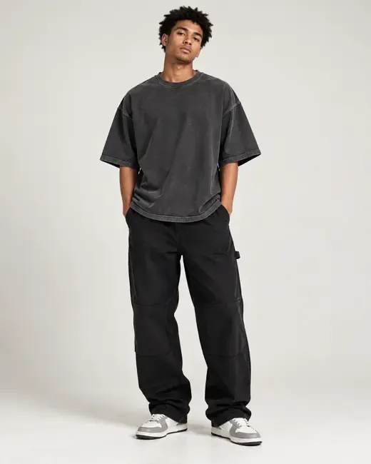 Charcoal boxy tee with black carpenter pants